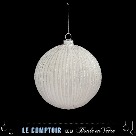 BOULE DE NOEL VERRE 100MM STRIE PAILL BL