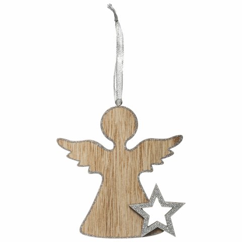 SUJET DE NOEL BOIS ANGE ETOILE ARGT 11CM