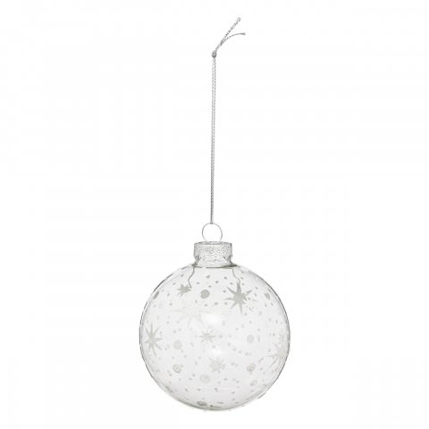 BOULE DE NOEL VERRE 80MM ARGENT FLOCONS